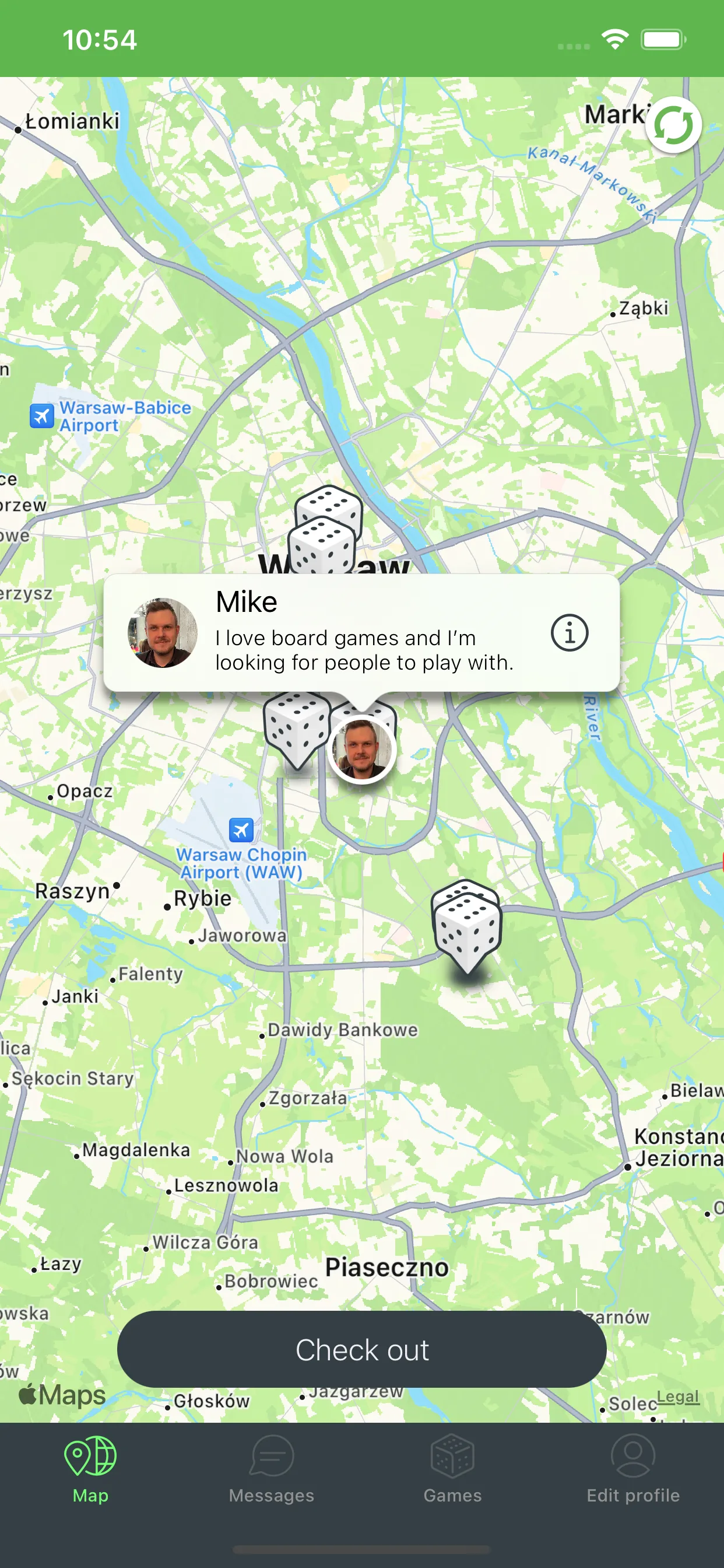 Board Gamer iOS app — interactive map showing nearby players and local gaming meetups