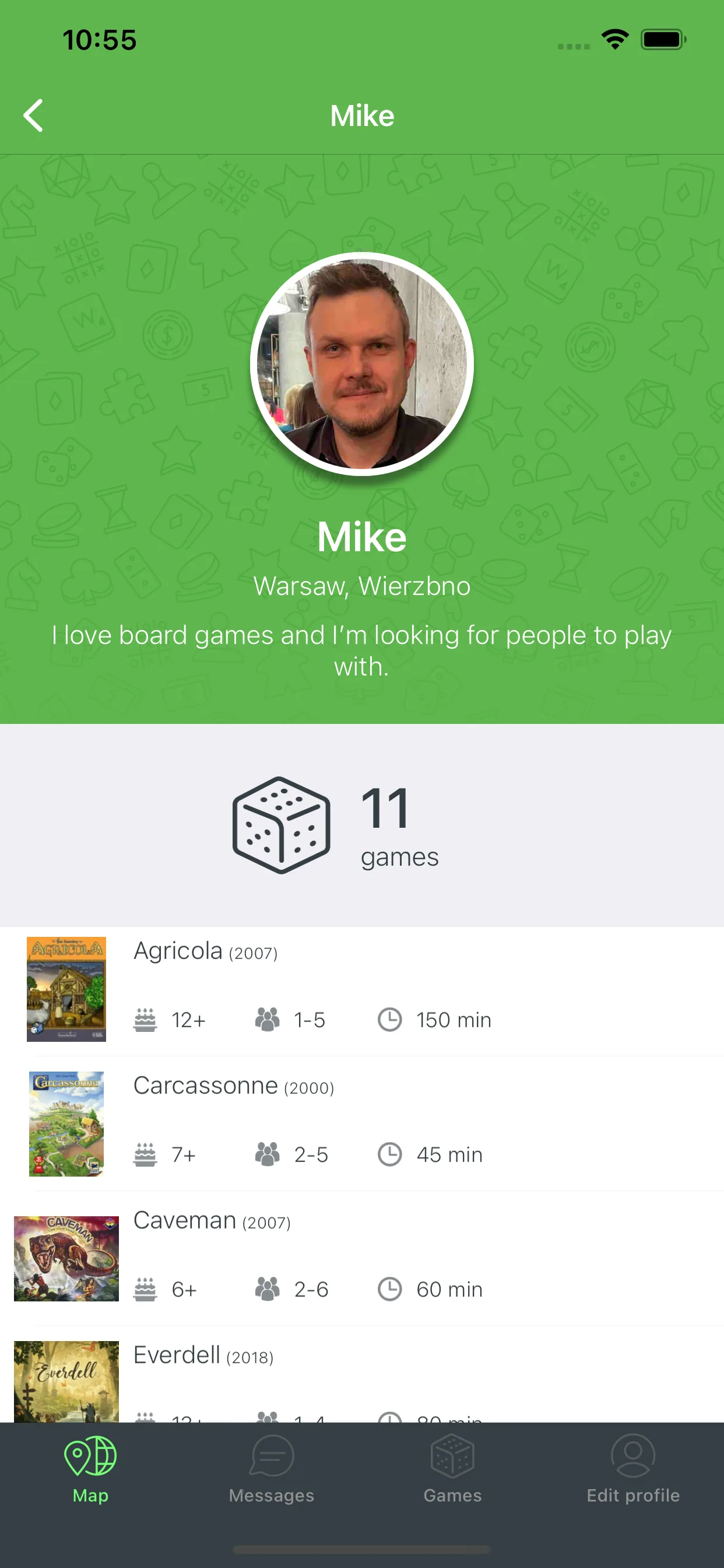 Board Gamer iOS player profile screen with favorite games and stats