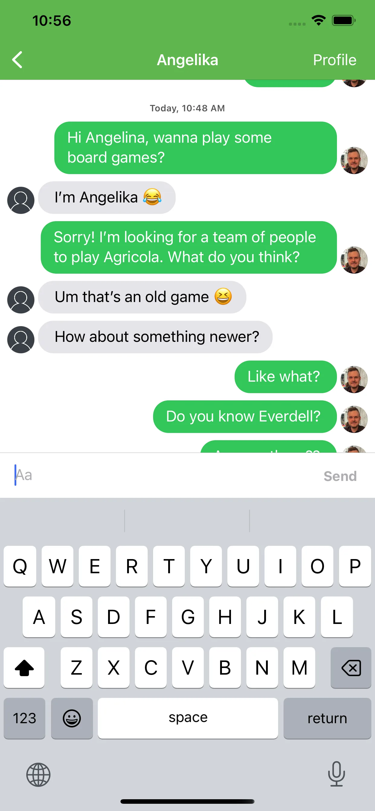 Board Gamer iOS in-app messaging view for chatting with other board game players