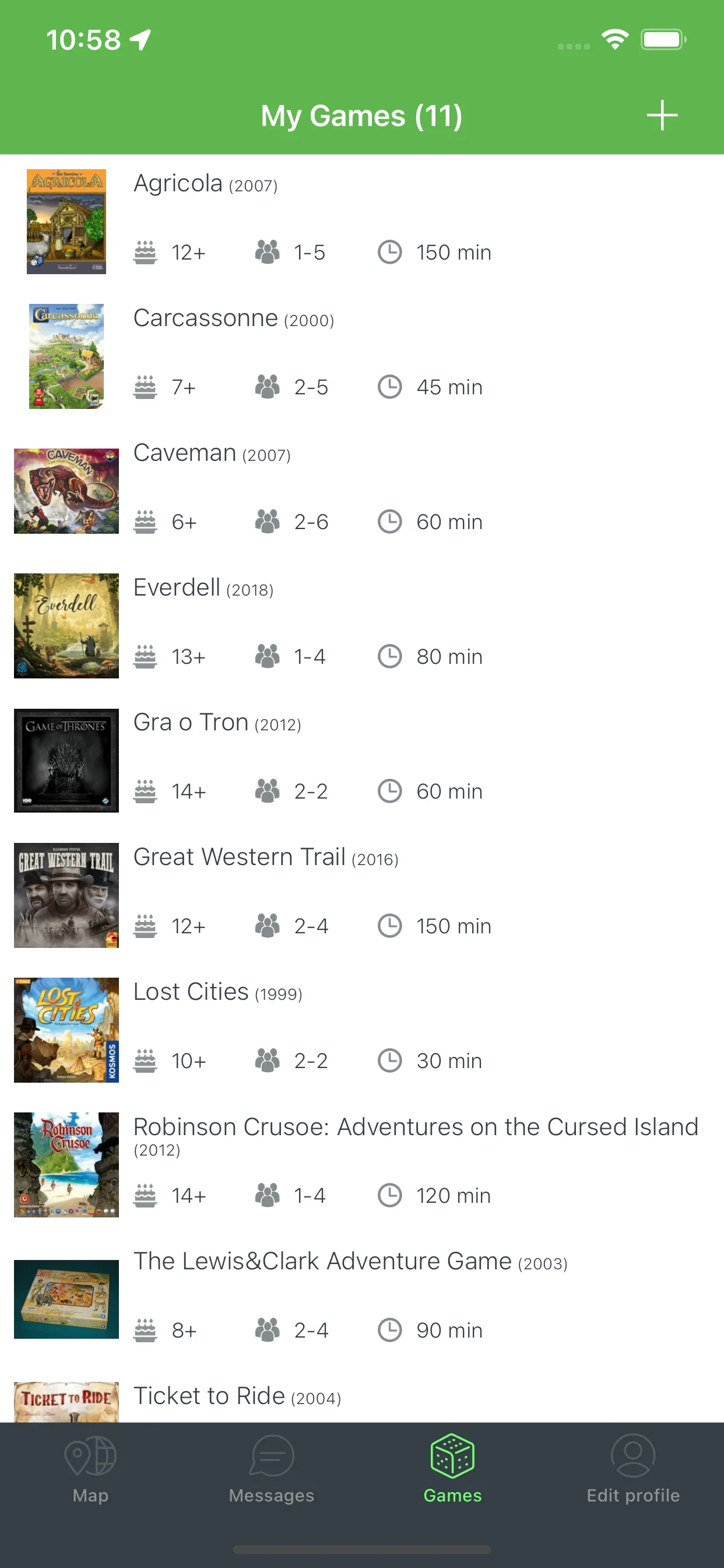 Board Gamer iOS app — personal board game collection list with cover art