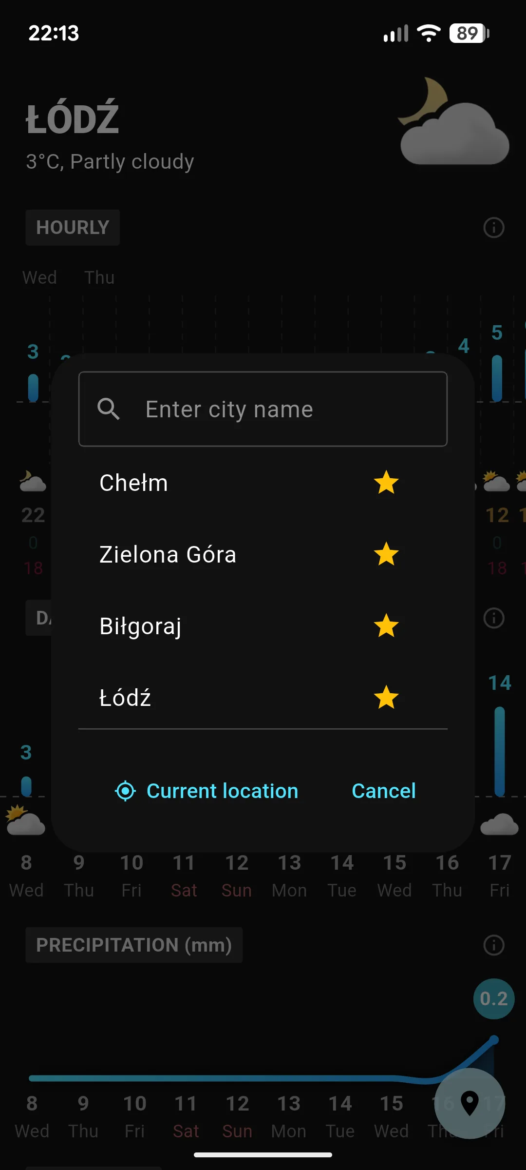 WeatherApp Android app — city selector with list of saved locations and search